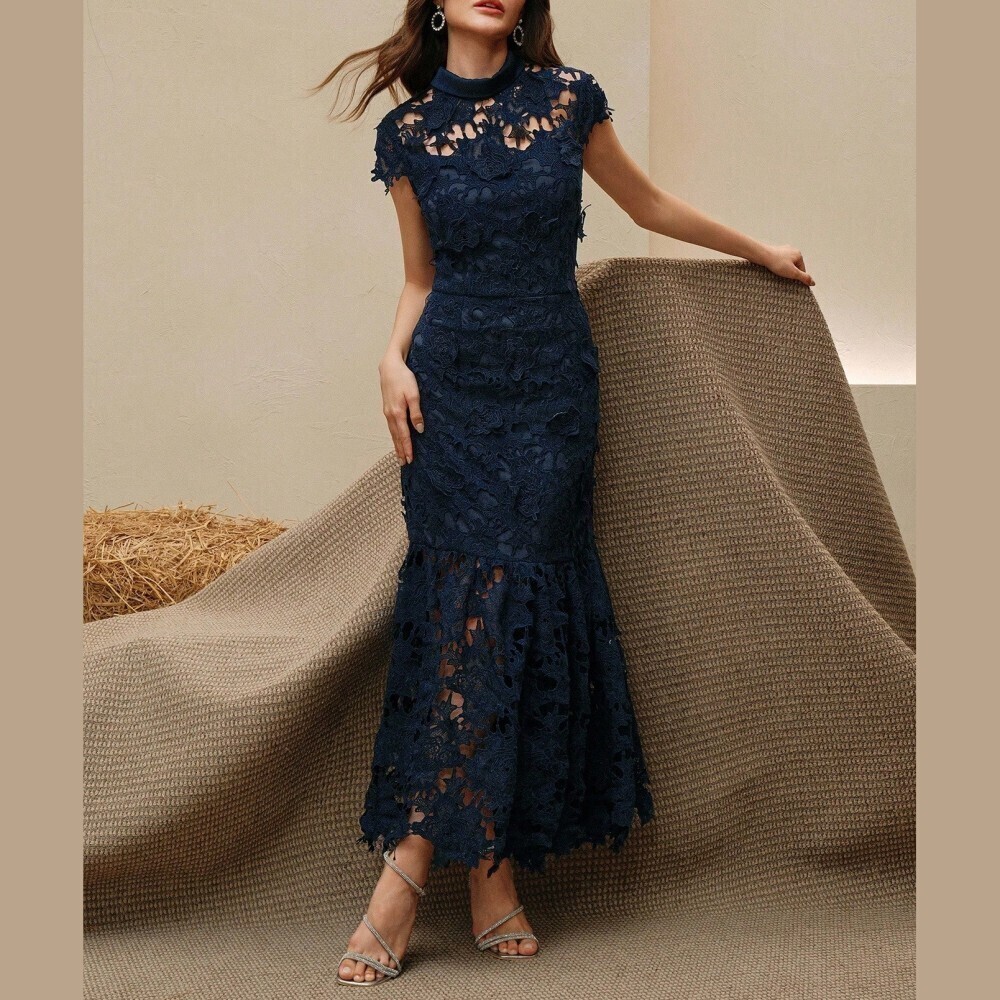 Navy Blue Floral Lace Cap Sleeve Mermaid Hem Maxi Dress with Stand Collar